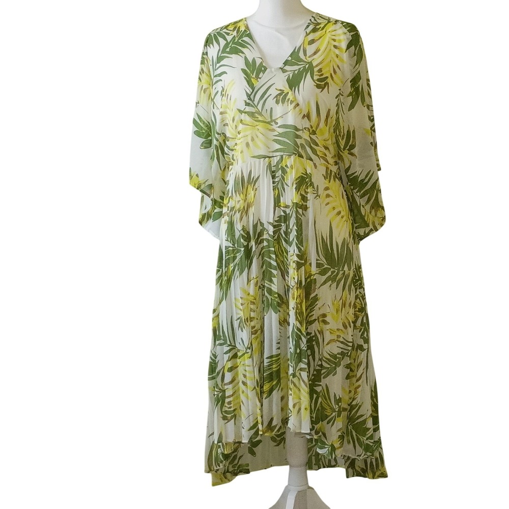 Tropical Fairy Cruisewear Pleated Palm Print  Dress Green Yellow White Size 14